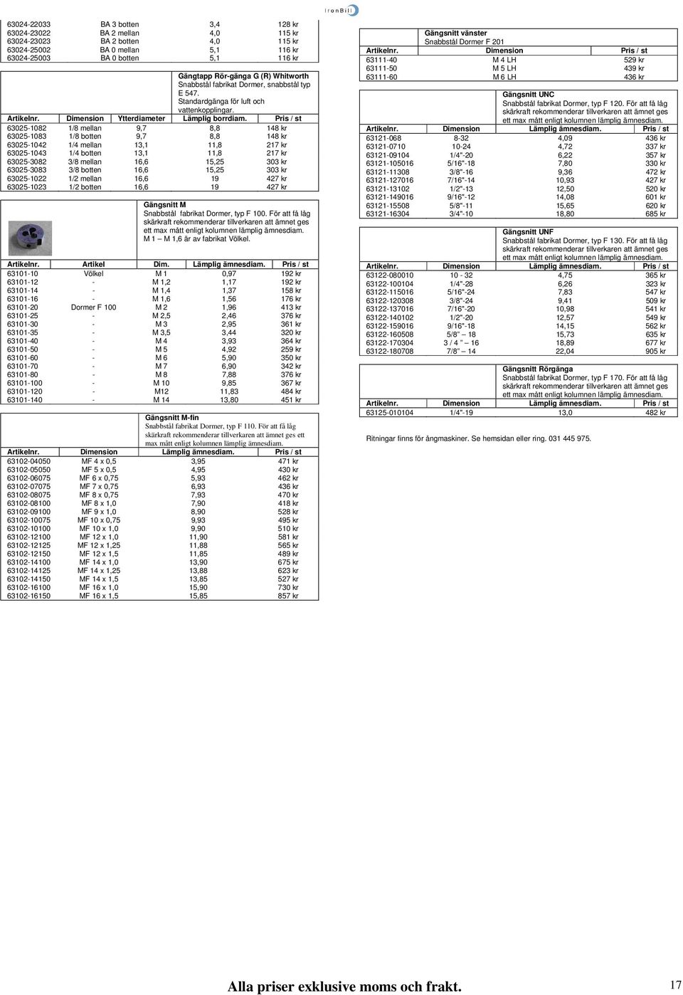 Pris / st 63025-1082 1/8 mellan 9,7 8,8 148 kr 63025-1083 1/8 botten 9,7 8,8 148 kr 63025-1042 1/4 mellan 13,1 11,8 217 kr 63025-1043 1/4 botten 13,1 11,8 217 kr 63025-3082 3/8 mellan 16,6 15,25 303