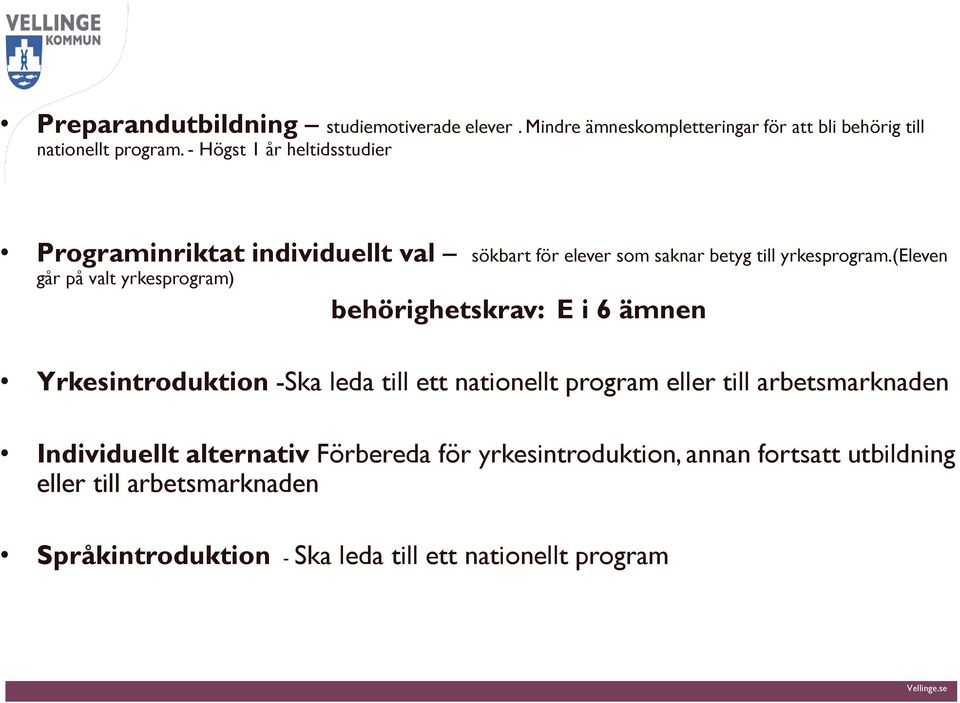 (eleven går på valt yrkesprogram) behörighetskrav: E i 6 ämnen Yrkesintroduktion -Ska leda till ett nationellt program eller till