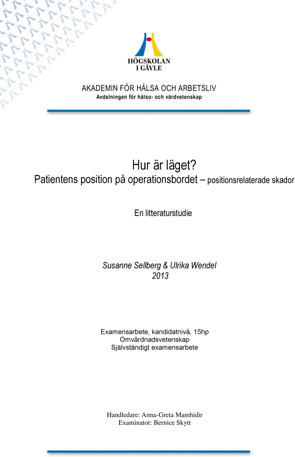 litteraturstudie Susanne Sellberg & Ulrika Wendel 2013 Examensarbete,