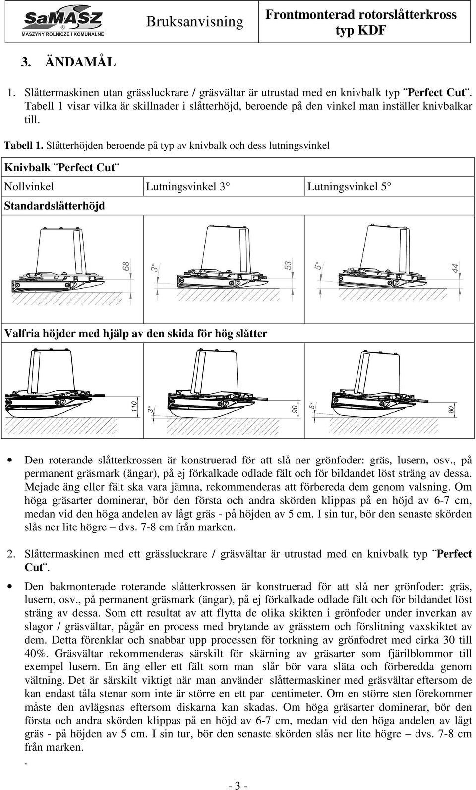 Slåtterhöjden beroende på typ av knivbalk och dess lutningsvinkel Knivbalk Perfect Cut Nollvinkel Lutningsvinkel 3 Lutningsvinkel 5 Standardslåtterhöjd Valfria höjder med hjälp av den skida för hög