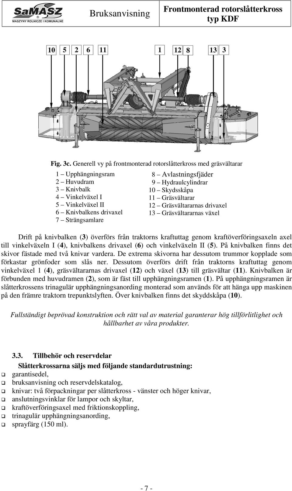 Hydraulcylindrar 10 Skydsskåpa 11 Gräsvältarar 12 Gräsvältararnas drivaxel 13 Gräsvältararnas växel Drift på knivbalken (3) överförs från traktorns kraftuttag genom kraftöverföringsaxeln axel till