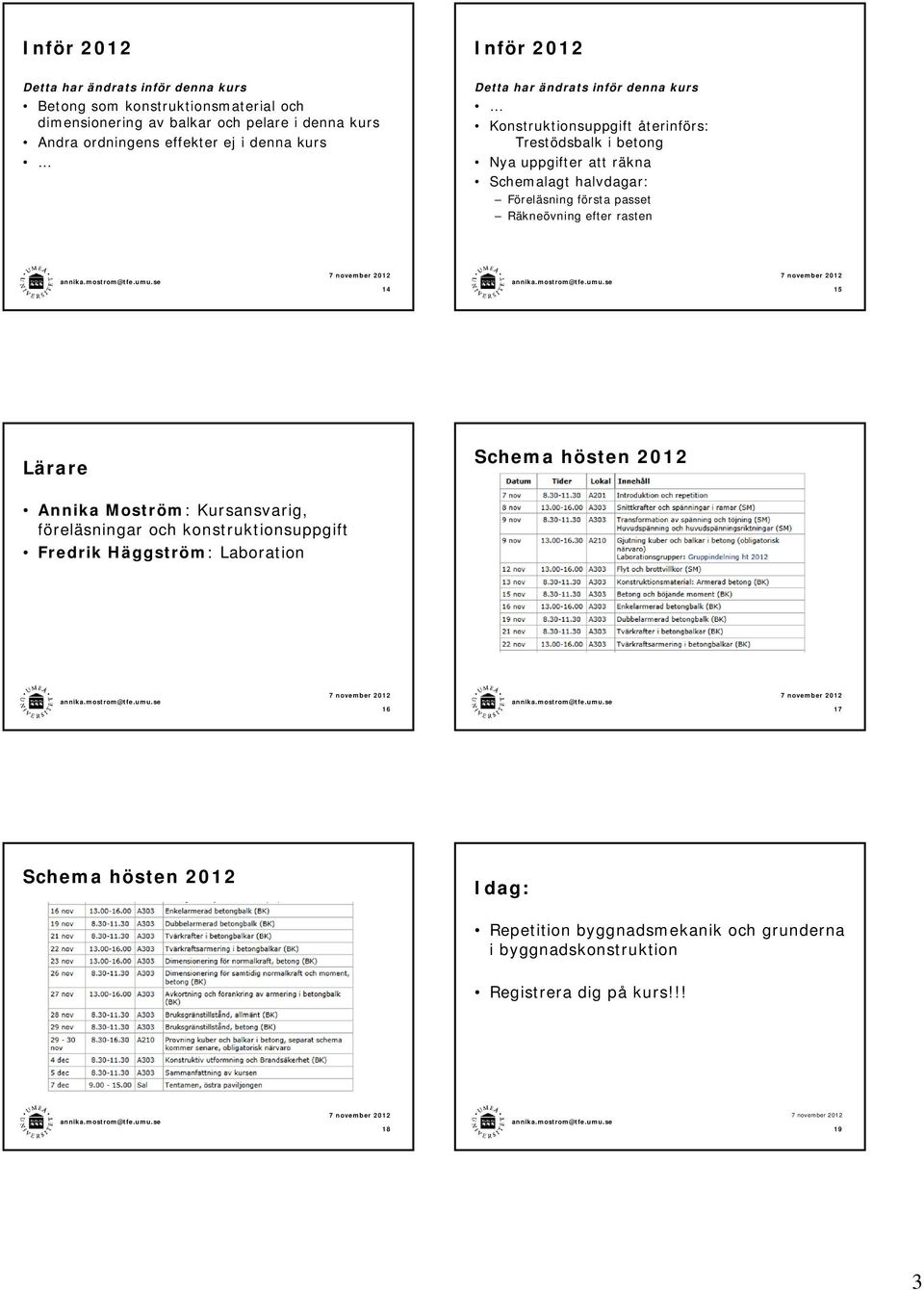 halvdagar: Föreläsning första passet Räkneövning efter rasten 14 15 Lärare Schema hösten 2012 Annika Moström: Kursansvarig, föreläsningar och