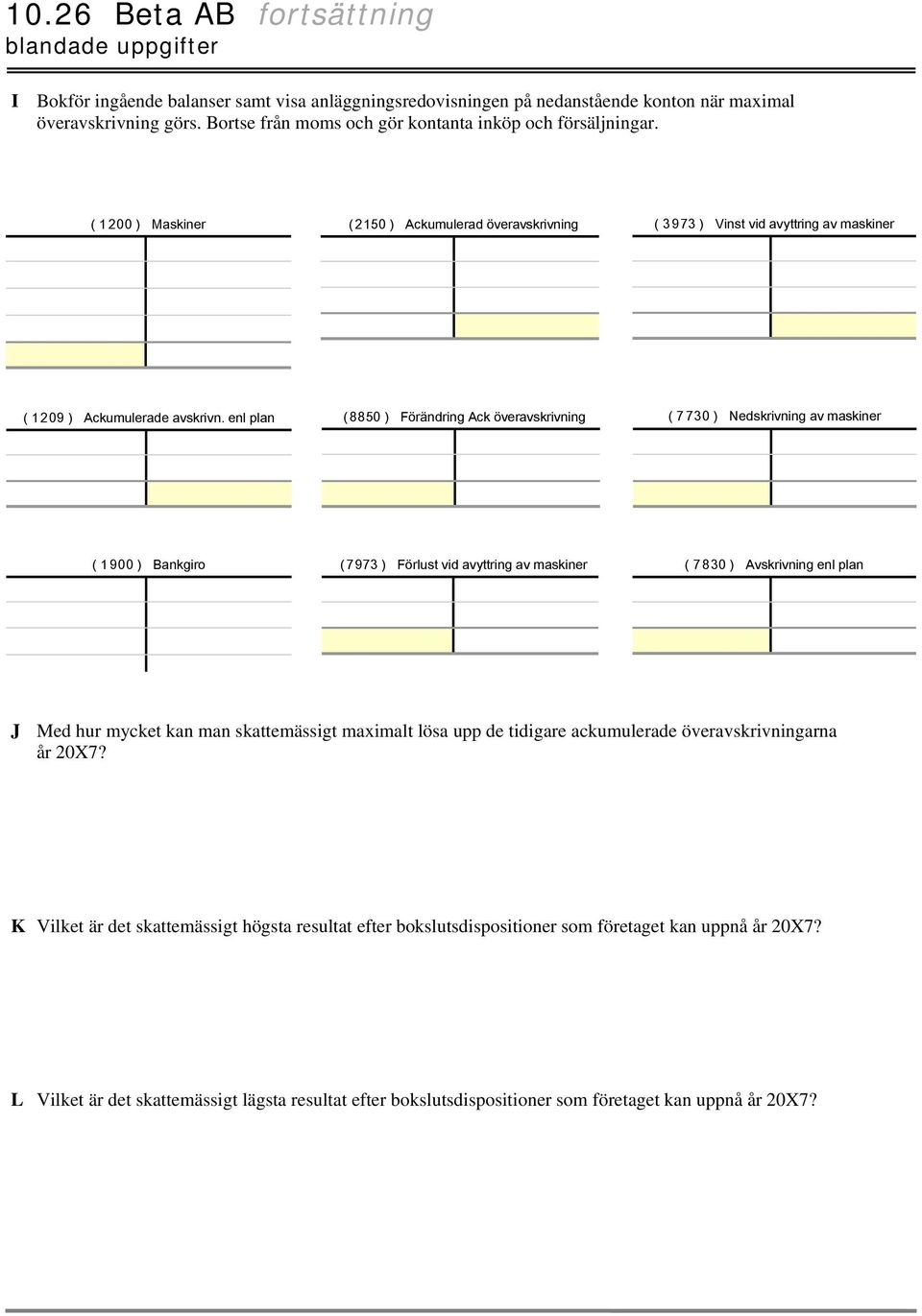 enl plan ( 8850 ) Förändring Ack överavskrivning ( 7 730 ) Nedskrivning av maskiner ( 1 900 ) Bankgiro ( 7973 ) Förlust vid avyttring av maskiner ( 7 830 ) Avskrivning enl plan J Med hur mycket kan