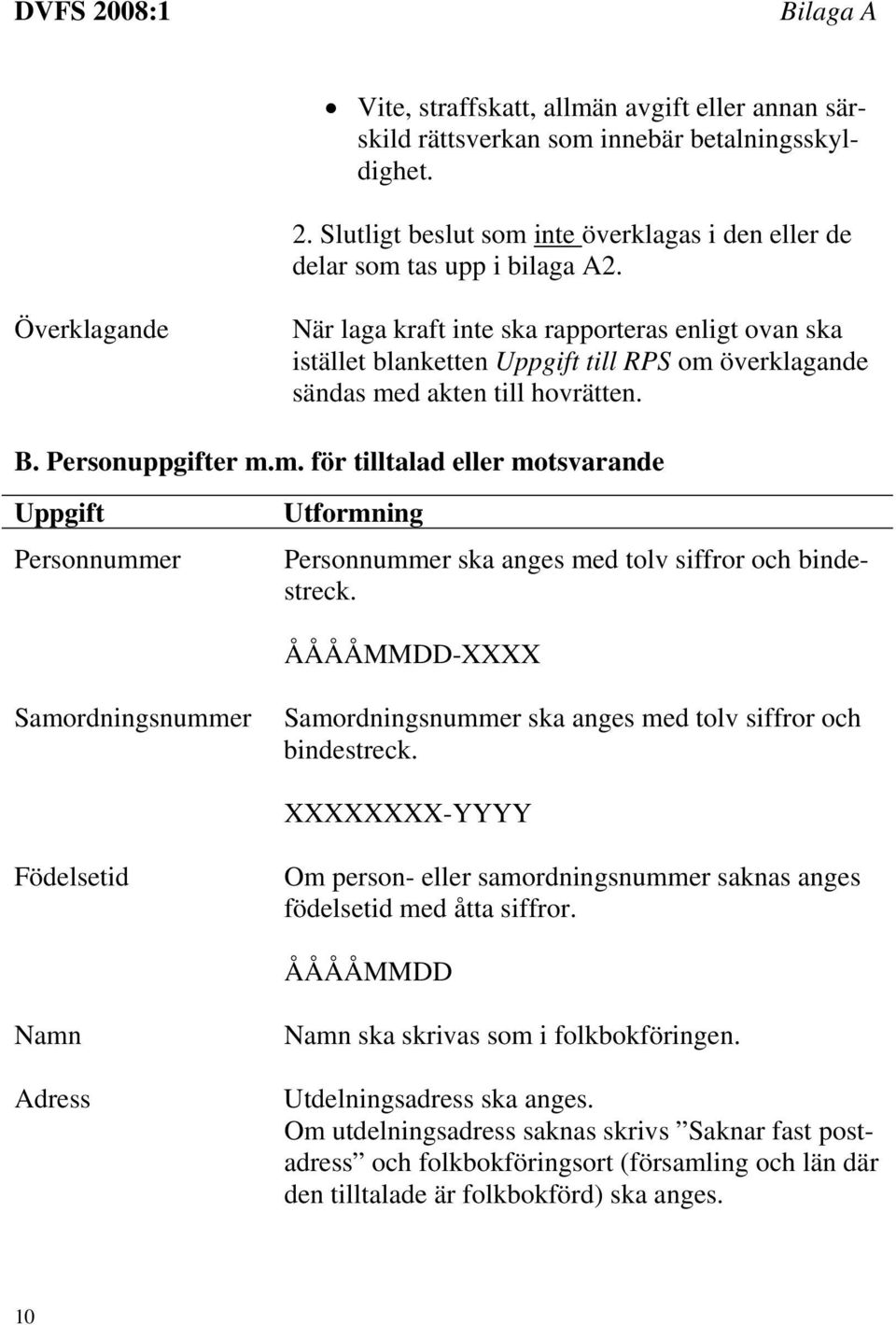 överklagande sändas med akten till hovrätten. B. Personuppgifter m.m. för tilltalad eller motsvarande Uppgift Personnummer Utformning Personnummer ska anges med tolv siffror och bindestreck.