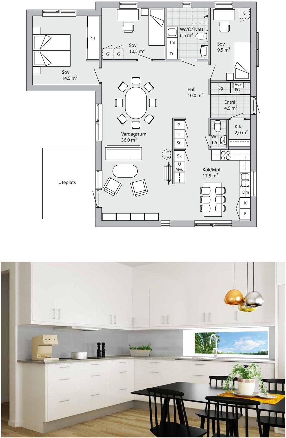 m² Vardagsrum 36,0 m² H St Wc 1,5 m² Klk