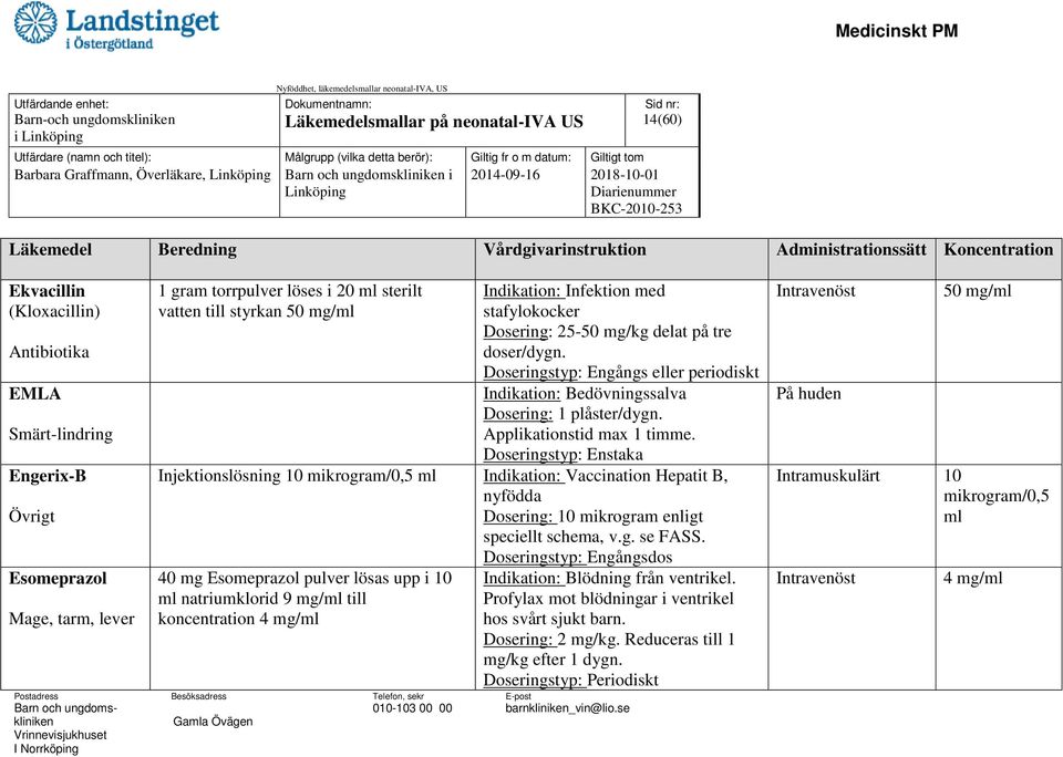 stafylokocker Dosering: 25-50 mg/kg delat på tre doser/dygn. Doseringstyp: Engångs eller periodiskt Indikation: Bedövningssalva Dosering: 1 plåster/dygn. Applikationstid max 1 timme.
