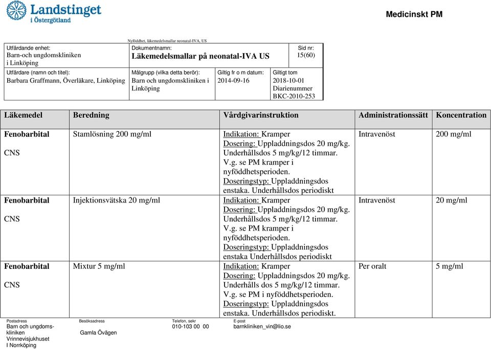Doseringstyp: Uppladdningsdos enstaka. Underhållsdos periodiskt Indikation: Kramper Dosering: Uppladdningsdos 20 mg/kg. Underhållsdos 5 mg/kg/12 timmar. V.g. se PM kramper i nyföddhetsperioden.