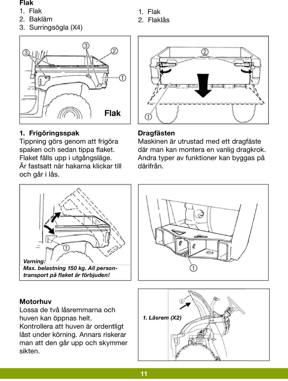 Dragfästen Maskinen är utrustad med ett dragfäste där man kan montera en vanlig dragkrok. Andra typer av funktioner kan byggas på därifrån. Varning: Max.