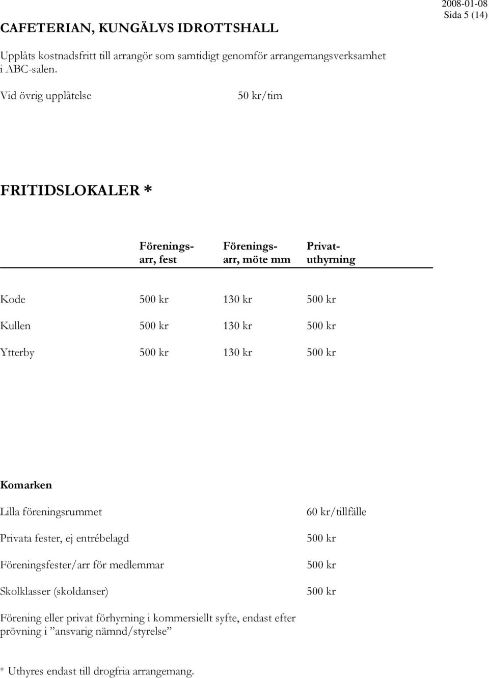 500 kr Ytterby 500 kr 130 kr 500 kr Komarken Lilla föreningsrummet Privata fester, ej entrébelagd Föreningsfester/arr för medlemmar Skolklasser (skoldanser)