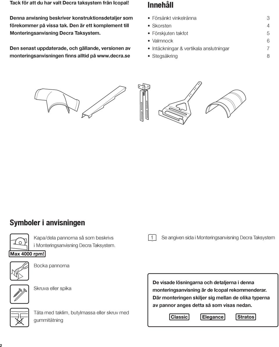 se Innehåll Försänkt vinkelränna 3 Skorsten 4 Förskjuten takfot 5 Valmnock 6 Intäckningar & vertikala anslutningar 7 Stegsäkring 8 Symboler i anvisningen Kapa/dela pannorna så som beskrivs i