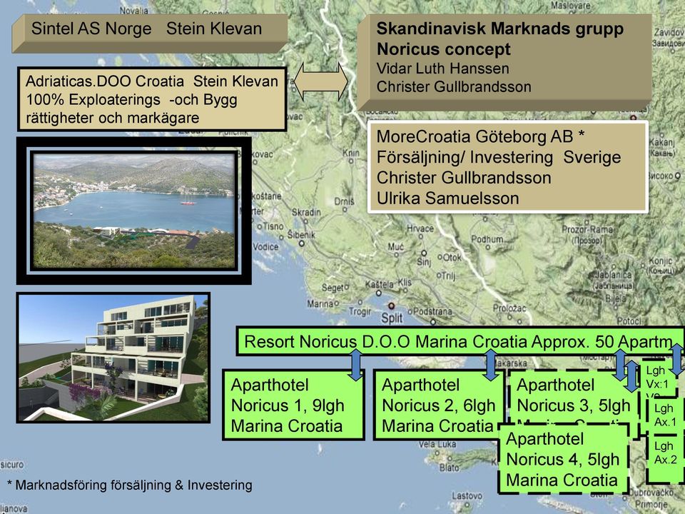 Gullbrandsson MoreCroatia Göteborg AB * Försäljning/ Investering Sverige Christer Gullbrandsson Ulrika Samuelsson Resort Noricus D.O.