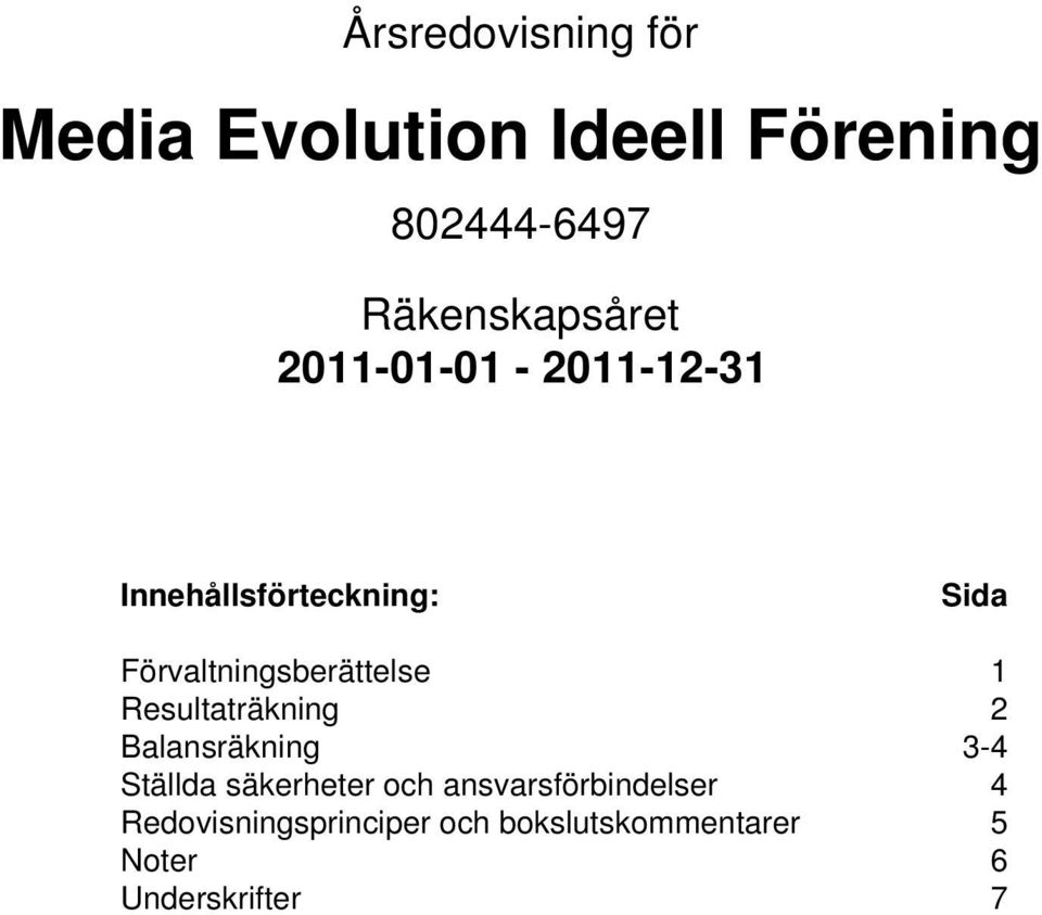 1 Resultaträkning 2 Balansräkning 3-4 Ställda säkerheter och