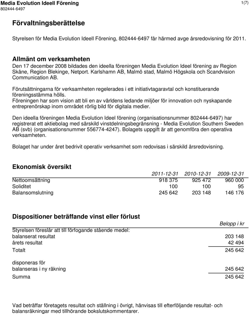 Karlshamn AB, Malmö stad, Malmö Högskola och Scandvision Communication AB. Förutsättningarna för verksamheten regelerades i ett initiativtagaravtal och konstituerande föreningsstämma hölls.