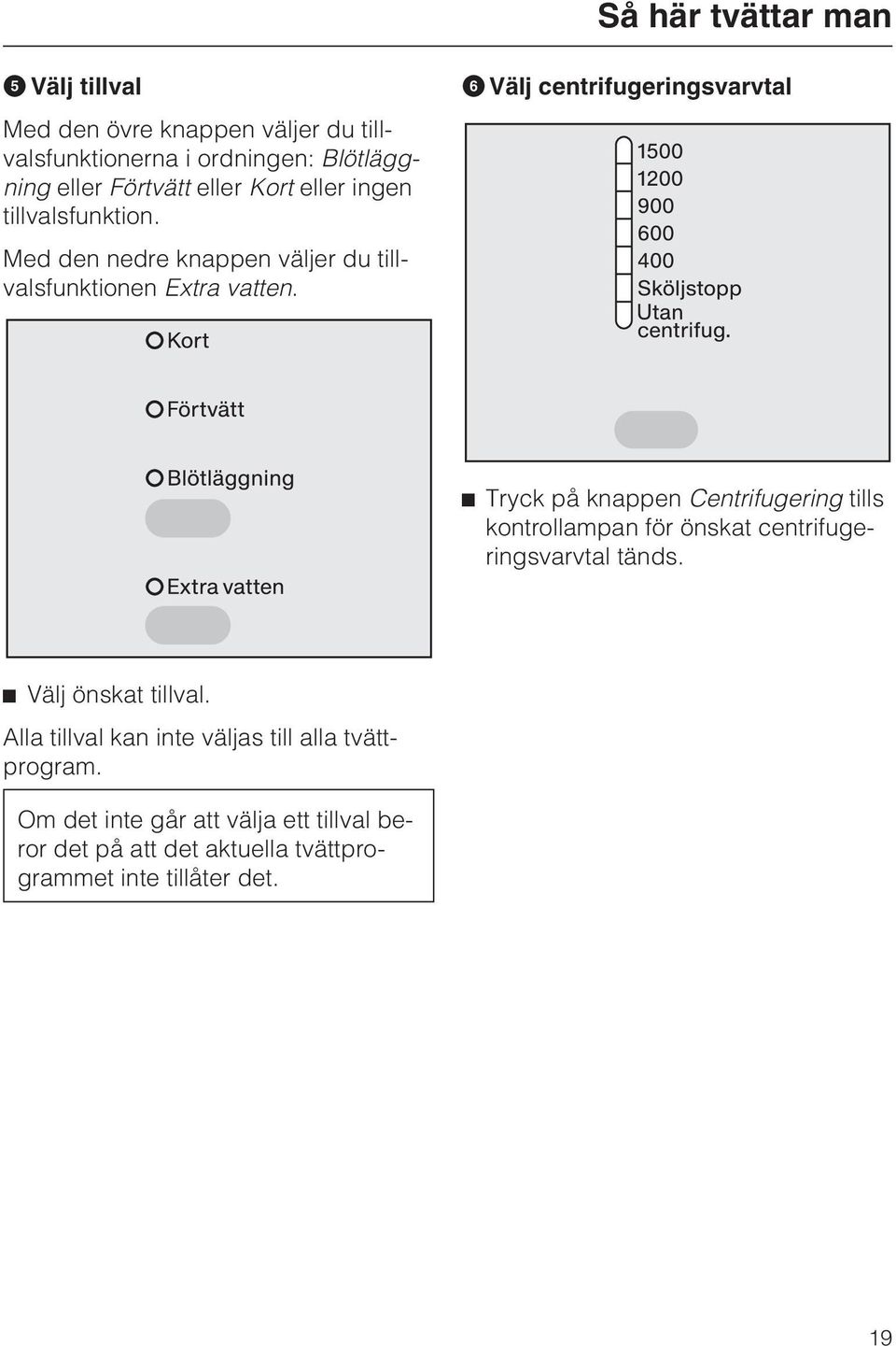 Välj centrifugeringsvarvtal Tryck på knappen Centrifugering tills kontrollampan för önskat centrifugeringsvarvtal tänds.