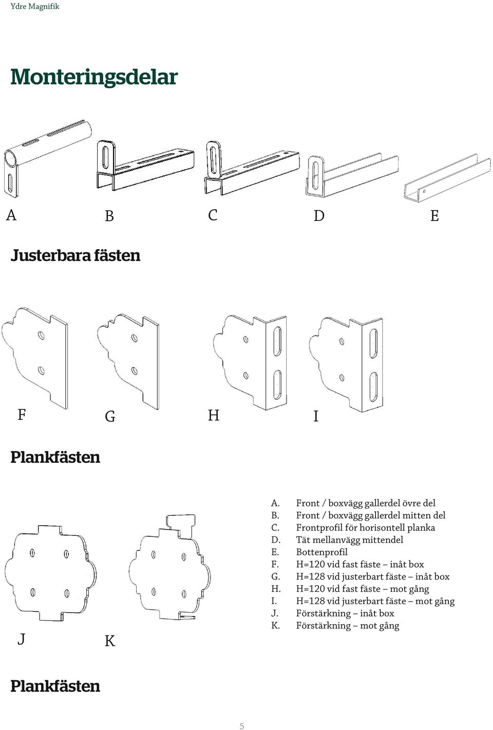 Bottenprofil F. H=10 vid fast fäste inåt box G. H=18 vid justerbart fäste inåt box H.