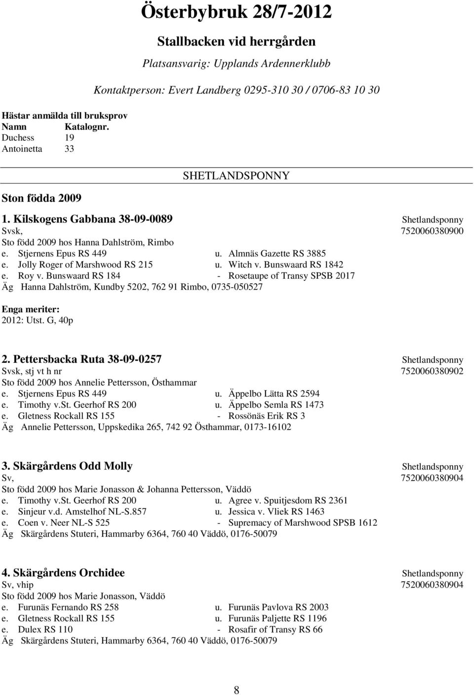 SHETLANDSPONNY 1. Kilskogens Gabbana 38-09-0089 Shetlandsponny Svsk, 7520060380900 Sto född 2009 hos Hanna Dahlström, Rimbo e. Stjernens Epus RS 449 u. Almnäs Gazette RS 3885 e.