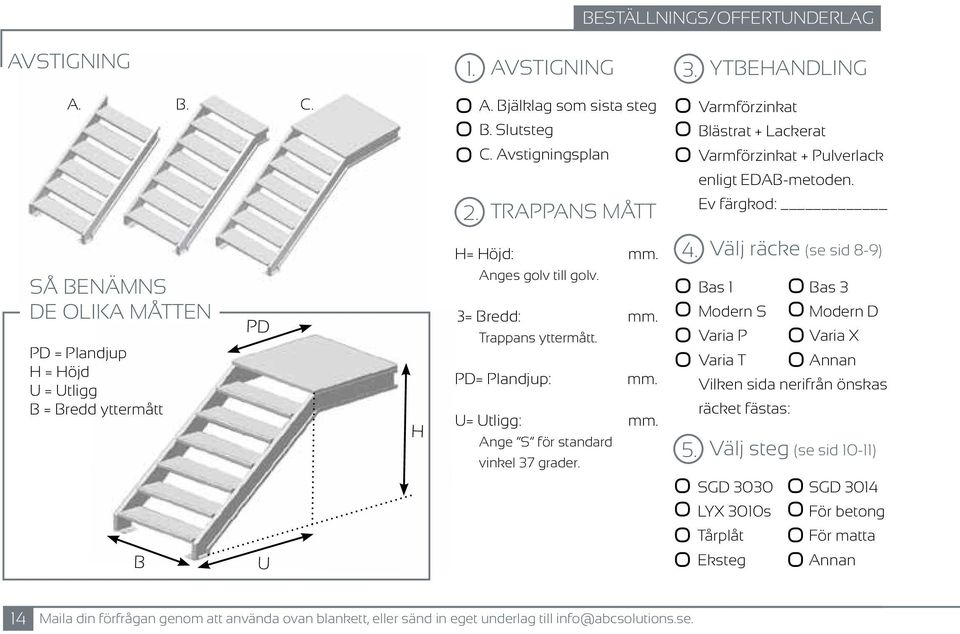 Välj räcke (se sid 8-9) SÅ BENÄMNS DE OLIKA MÅTTEN PD = Plandjup H = Höjd U = Utligg B = Bredd yttermått PD H Anges golv till golv. B= Bredd: mm. Trappans yttermått. PD= Plandjup: mm. U= Utligg: mm.