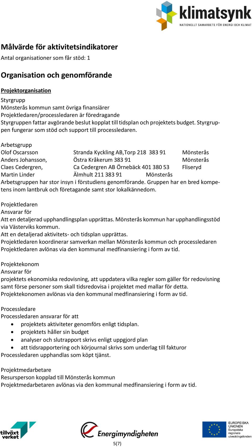 Arbetsgrupp Olof Oscarsson Stranda Kyckling AB,Torp 218 383 91 Mönsterås Anders Johansson, Östra Kråkerum 383 91 Mönsterås Claes Cedergren, Ca Cedergren AB Örnebäck 401 380 53 Fliseryd Martin Linder