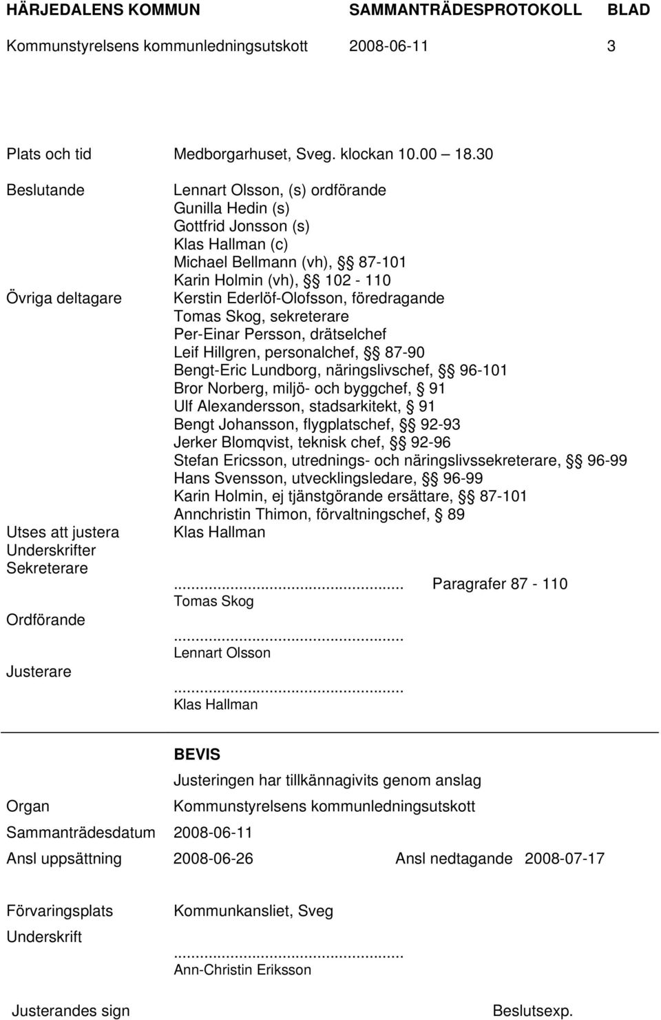 (vh), 87-101 Karin Holmin (vh), 102-110 Kerstin Ederlöf-Olofsson, föredragande Tomas Skog, sekreterare Per-Einar Persson, drätselchef Leif Hillgren, personalchef, 87-90 Bengt-Eric Lundborg,