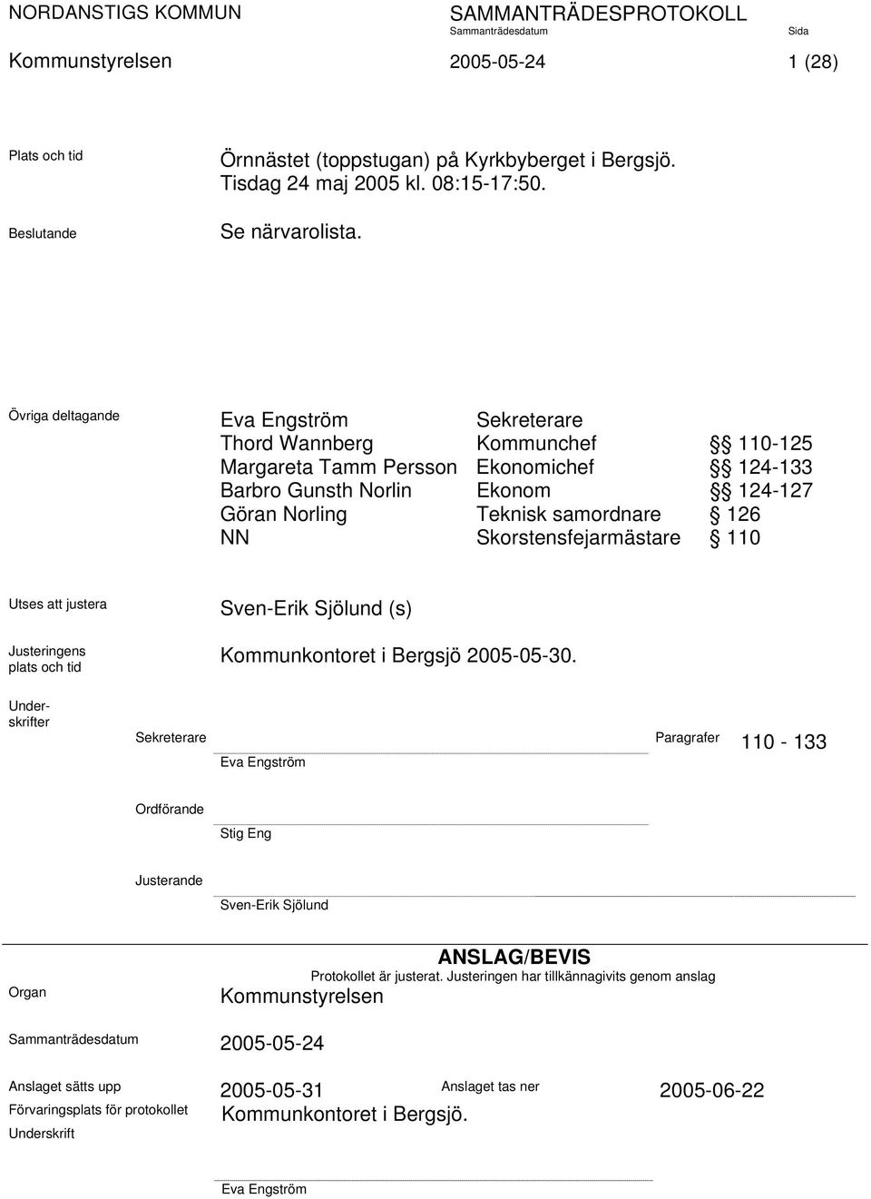 Skorstensfejarmästare 110 Utses att justera Justeringens plats och tid Sven-Erik Sjölund (s) Kommunkontoret i Bergsjö 2005-05-30.