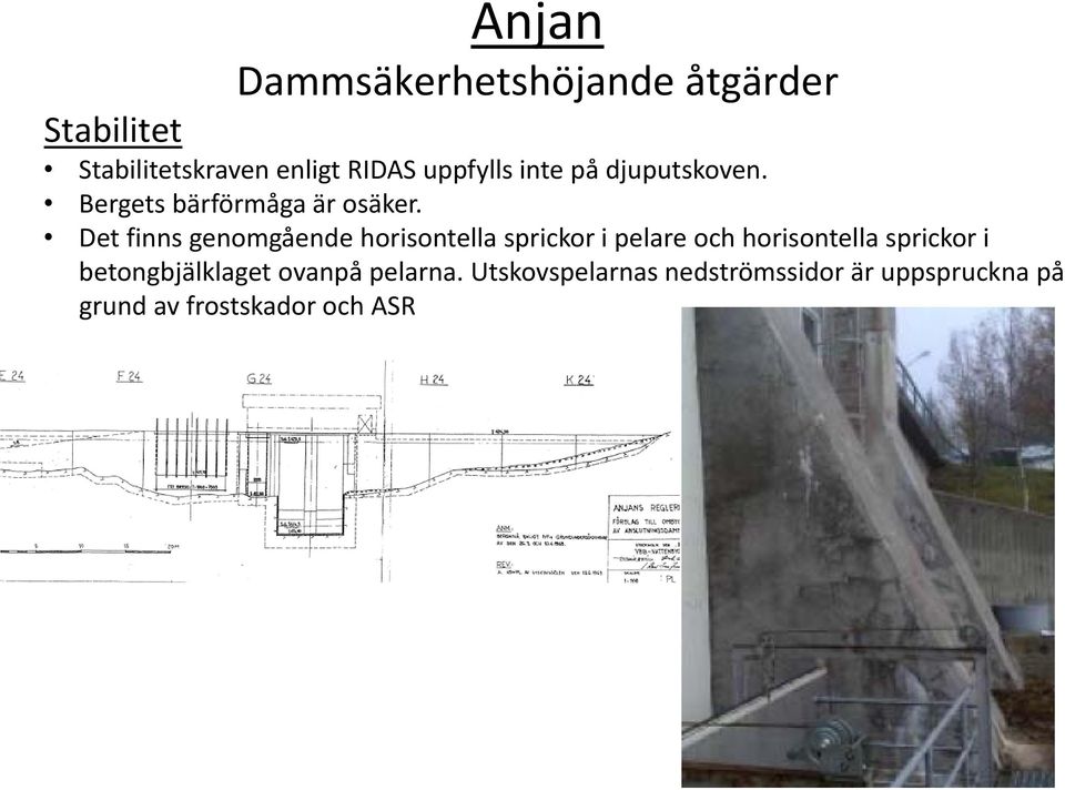 Det finns genomgående horisontella sprickor i pelare och horisontella sprickor i