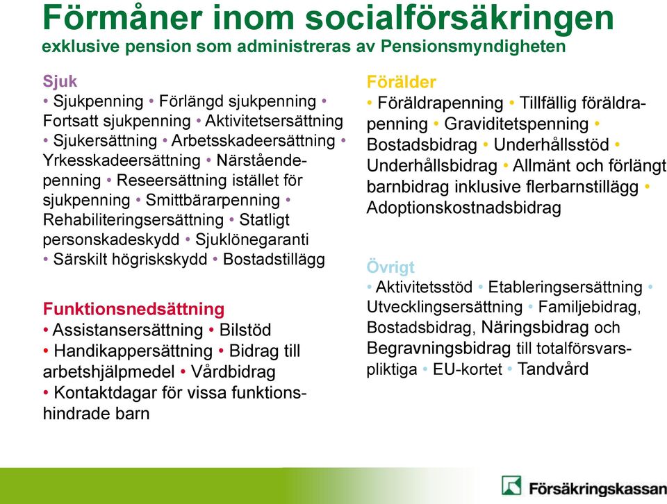 högriskskydd Bostadstillägg Funktionsnedsättning Assistansersättning Bilstöd Handikappersättning Bidrag till arbetshjälpmedel Vårdbidrag Kontaktdagar för vissa funktionshindrade barn Förälder