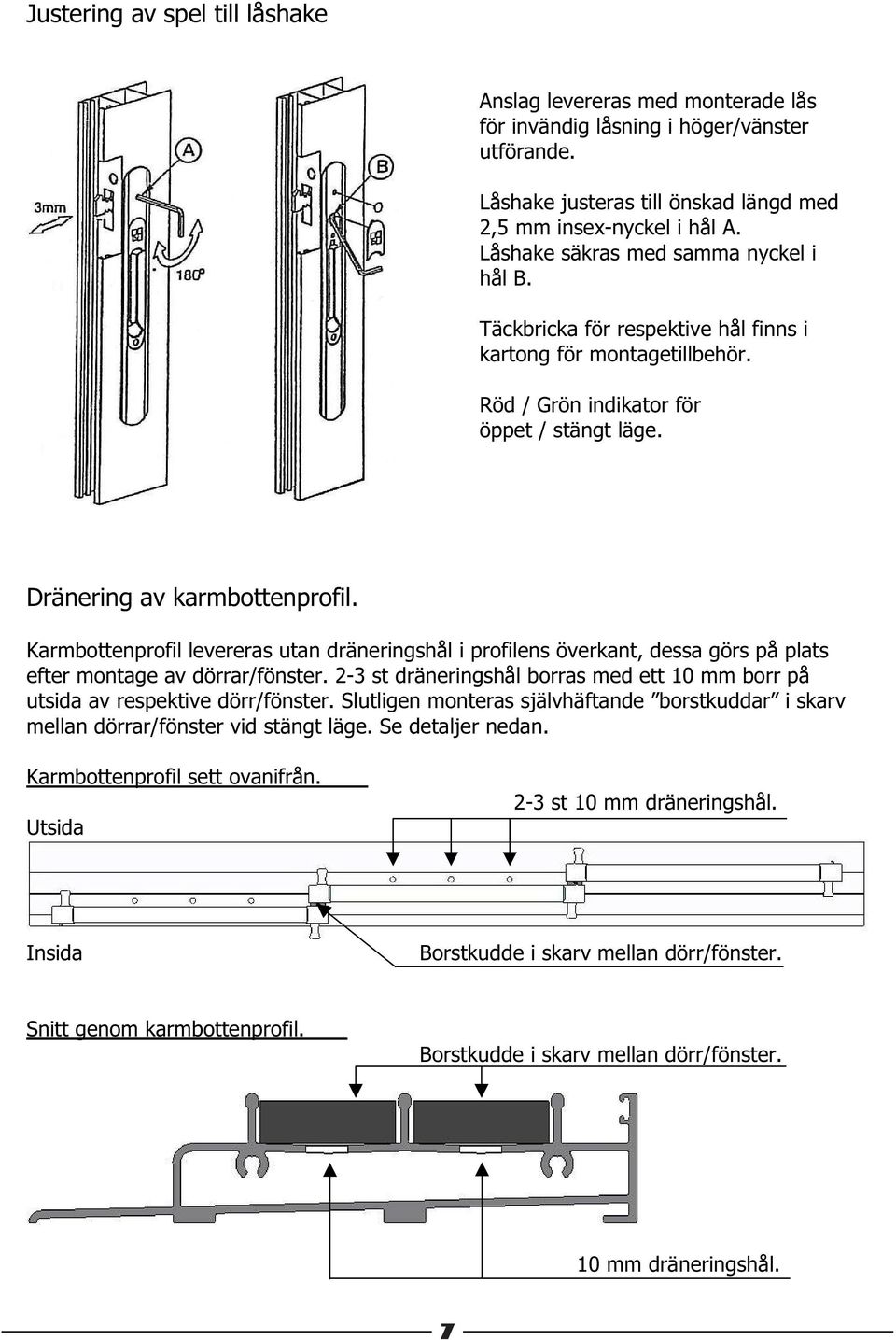 Karmbottenprofil levereras utan dräneringshål i profilens överkant, dessa görs på plats efter montage av dörrar/fönster.