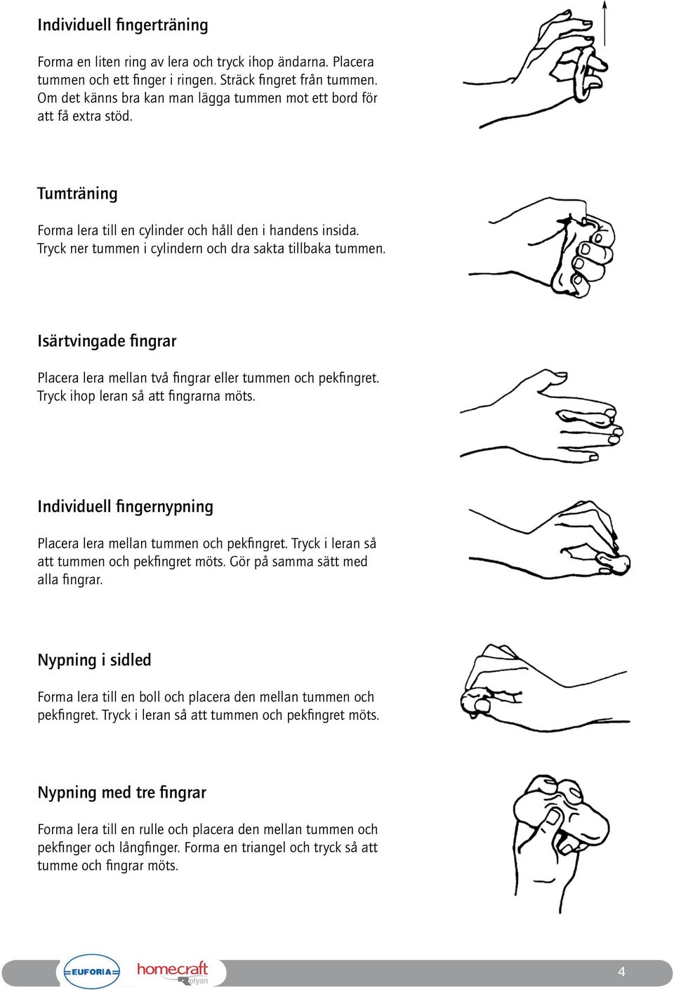 Tryck ner tummen i cylindern och dra sakta tillbaka tummen. Isärtvingade fingrar Placera lera mellan två fingrar eller tummen och pekfingret. Tryck ihop leran så att fingrarna möts.