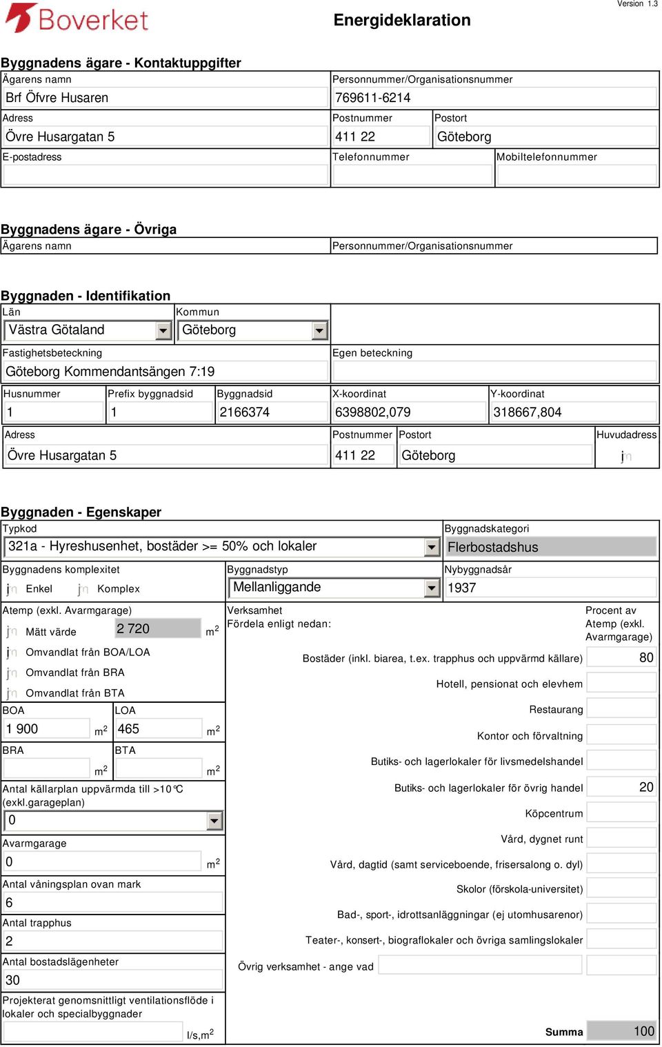 Mobiltelefonnummer Byggnadens ägare - Övriga Ägarens namn Personnummer/Organisationsnummer Byggnaden - Identifikation Län Västra Götaland Kommun Fastighetsbeteckning Kommendantsängen 7:19 Egen