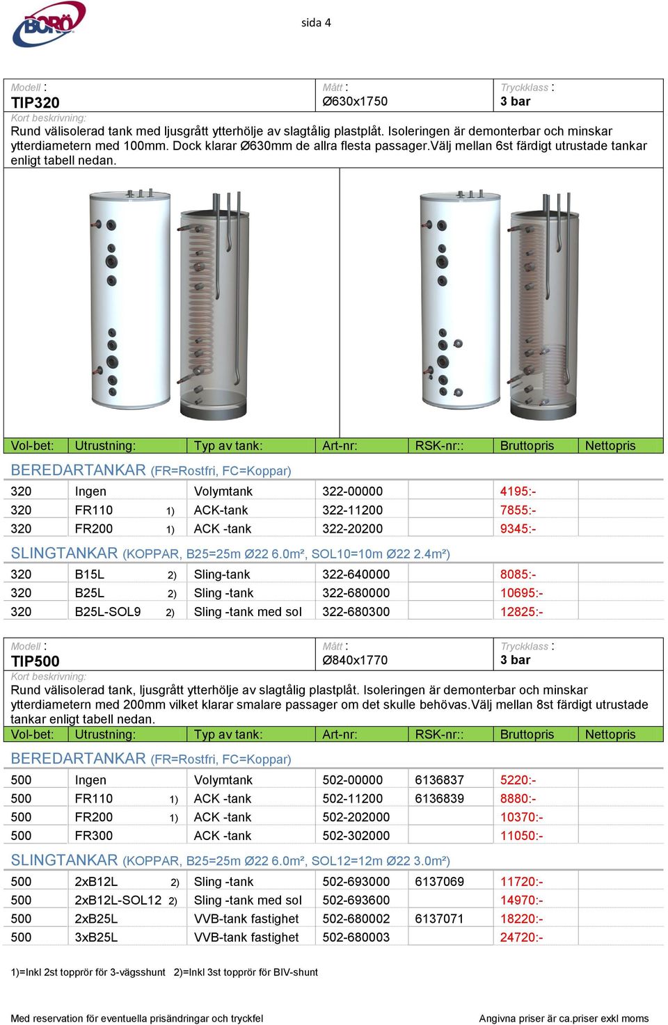 Vol-bet: Utrustning: Typ av tank: Art-nr: RSK-nr:: Bruttopris Nettopris BEREDARTANKAR (FR=Rostfri, FC=Koppar) 320 Ingen Volymtank 322-00000 4195:- 320 FR110 1) ACK-tank 322-11200 7855:- 320 FR200 1)