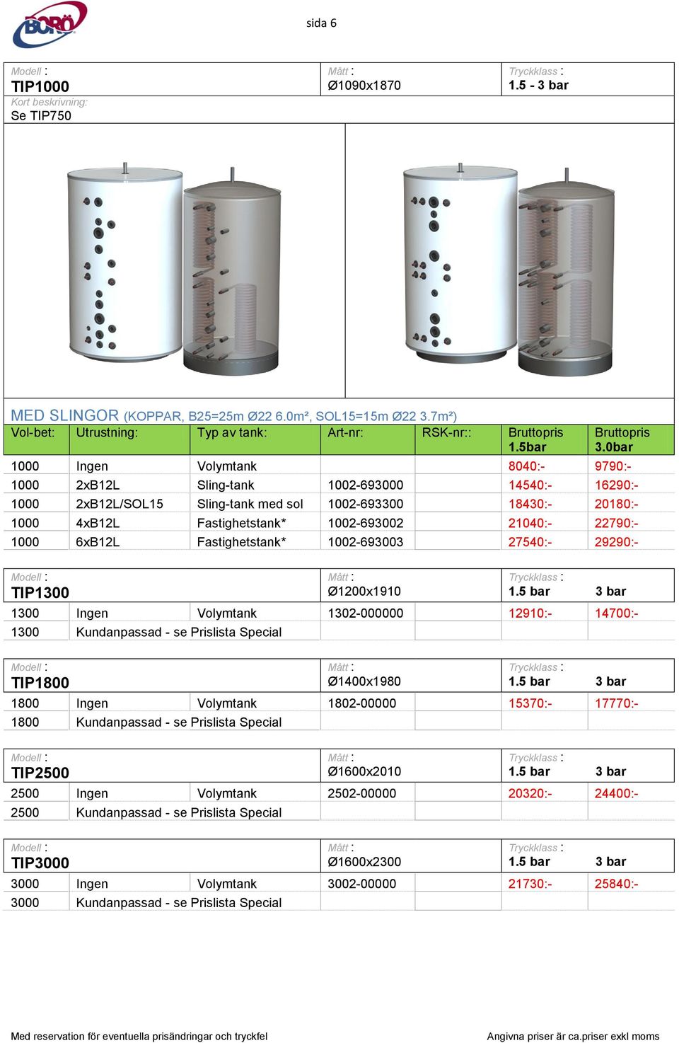 21040:- 22790:- 1000 6xB12L Fastighetstank* 1002-693003 27540:- 29290:- TIP1300 Ø1200x1910 1.