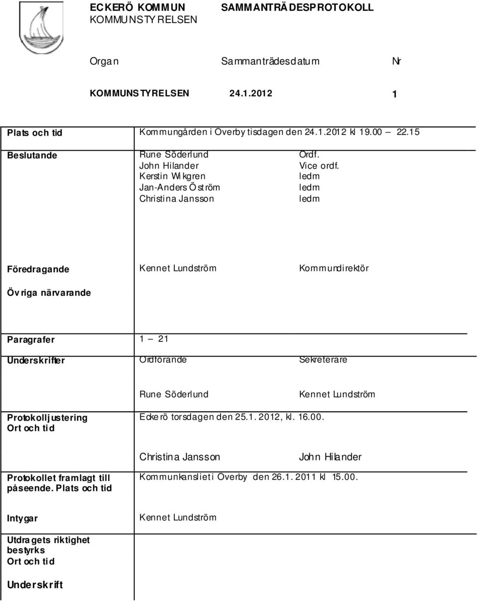 ledm ledm ledm Föredragande Kennet Lundström Kommundirektör Öv riga närvarande Paragrafer 1 21 Underskrifter Ordförande Sekreterare Rune Söderlund Kennet