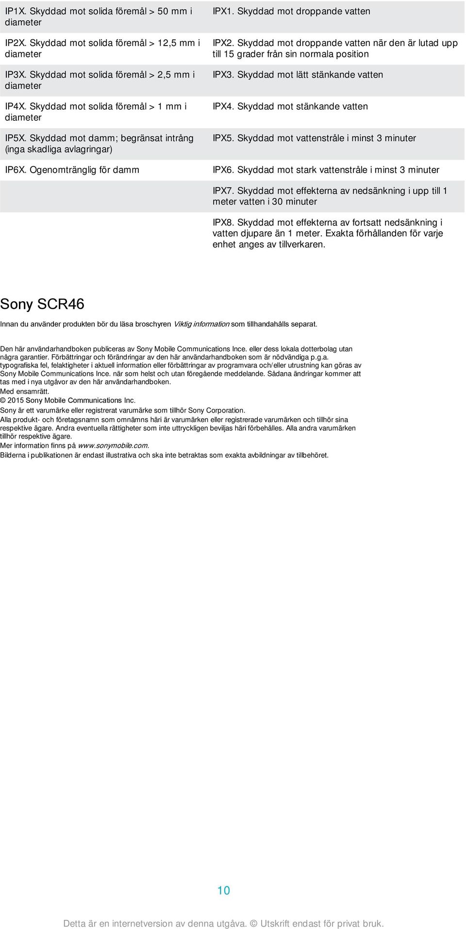 Skyddad mot droppande vatten när den är lutad upp till 15 grader från sin normala position IPX3. Skyddad mot lätt stänkande vatten IPX4. Skyddad mot stänkande vatten IPX5.