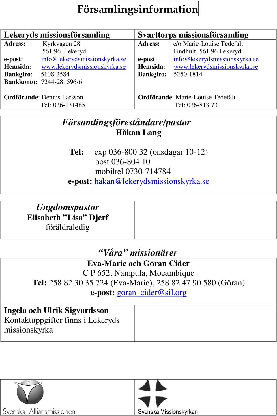 se Bankgiro: 5108-2584 Bankkonto: 7244-281596-6 Ordförande: Dennis Larsson Tel: 036-131485 Svarttorps missionsförsamling Adress: c/o Marie-Louise Tedefält Lindhult, 561 96 Lekeryd e-post: