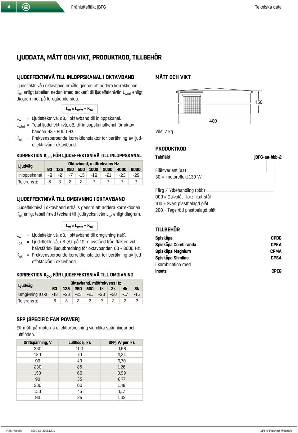 L wtot = Total ljudeffektnivå, db, till inloppskanalkanal för oktavbanden 63-8000 Hz. K ok = Frekvensberoende korrektionsfaktor för beräkning av ljudeffektnivån i oktavband.