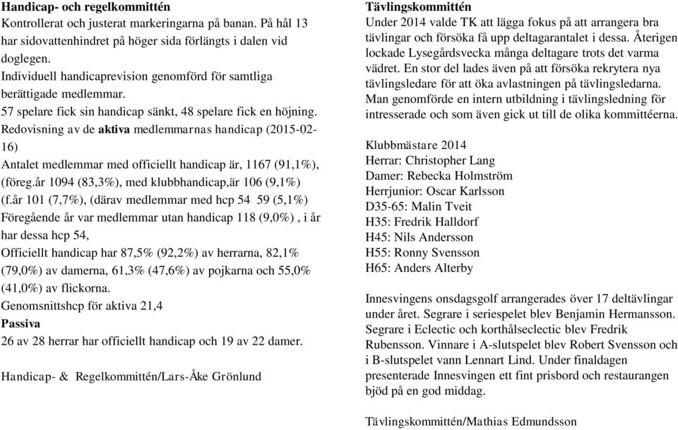 Redovisning av de aktiva medlemmarnas handicap (2015-02- 16) Antalet medlemmar med officiellt handicap är, 1167 (91,1%), (föreg.år 1094 (83,3%), med klubbhandicap,är 106 (9,1%) (f.