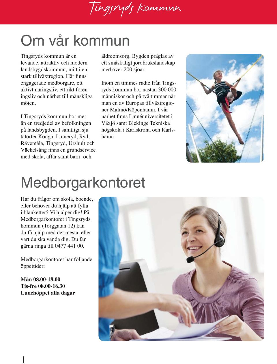 I samtliga sju tätorter Konga, Linneryd, Ryd, Rävemåla, Tingsryd, Urshult och Väckelsång finns en grundservice med skola, affär samt barn- och Tingsryds kommun äldreomsorg.