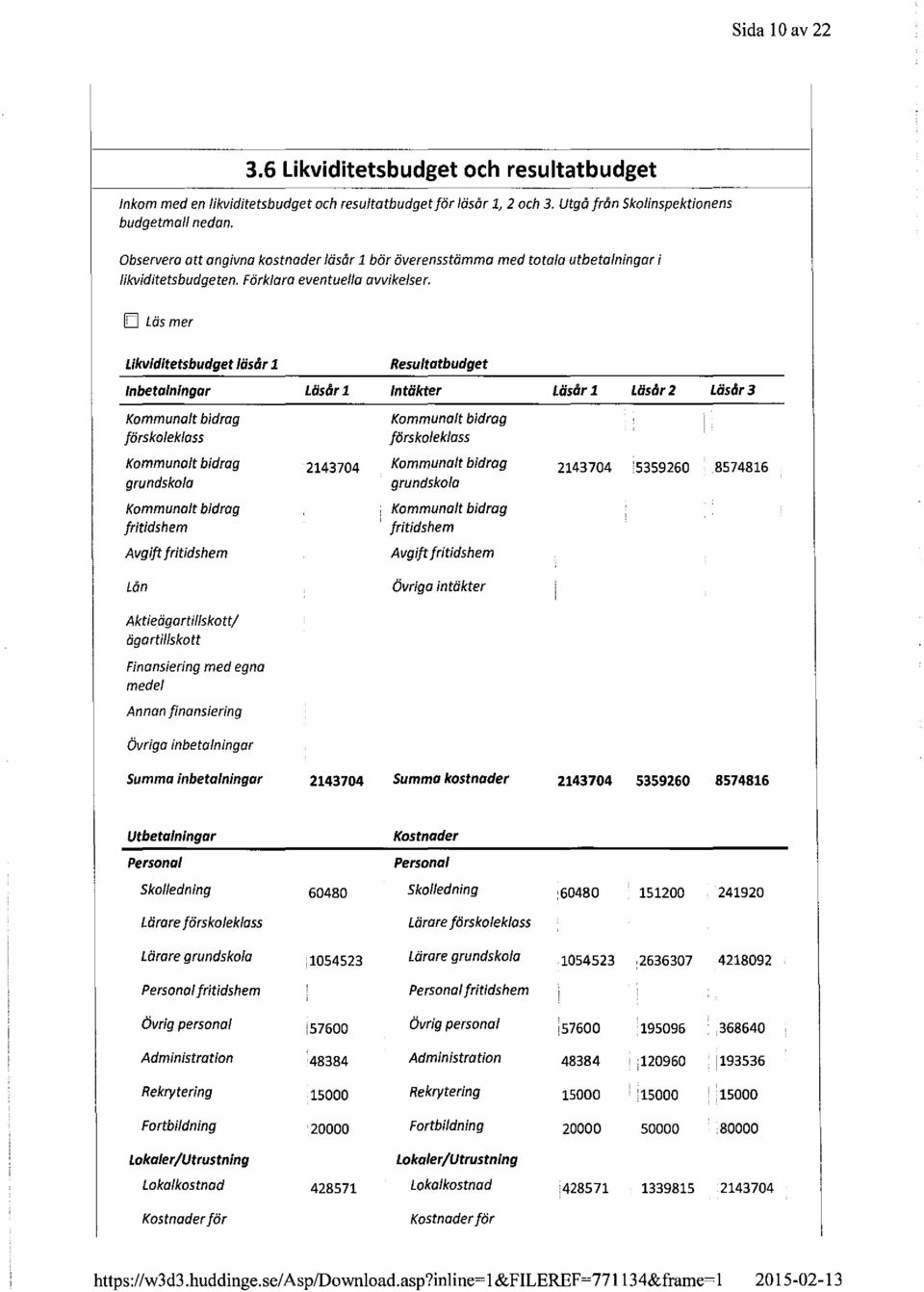 Observera att angivna kostnader läsår 1 bör överensstämma med totala utbetalningar i likviditetsbudgeten. Förklara eventuella avvikelser.