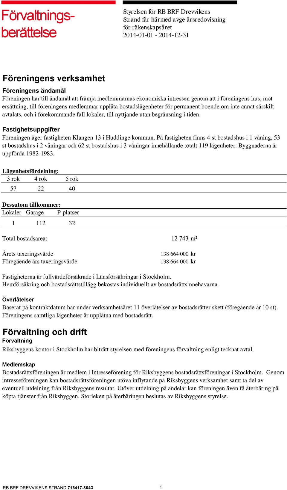 avtalats, och i förekommande fall lokaler, till nyttjande utan begränsning i tiden. Fastighetsuppgifter Föreningen äger fastigheten Klangen 13 i Huddinge kommun.
