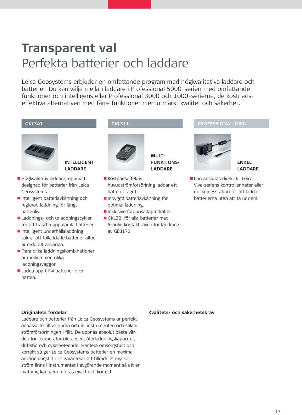 utmärkt kvalitet och säkerhet. GKL341 GKL311 Professional 1000 Intelligent laddare Högkvalitativ laddare, optimalt designad för batterier från Leica Geosystems.