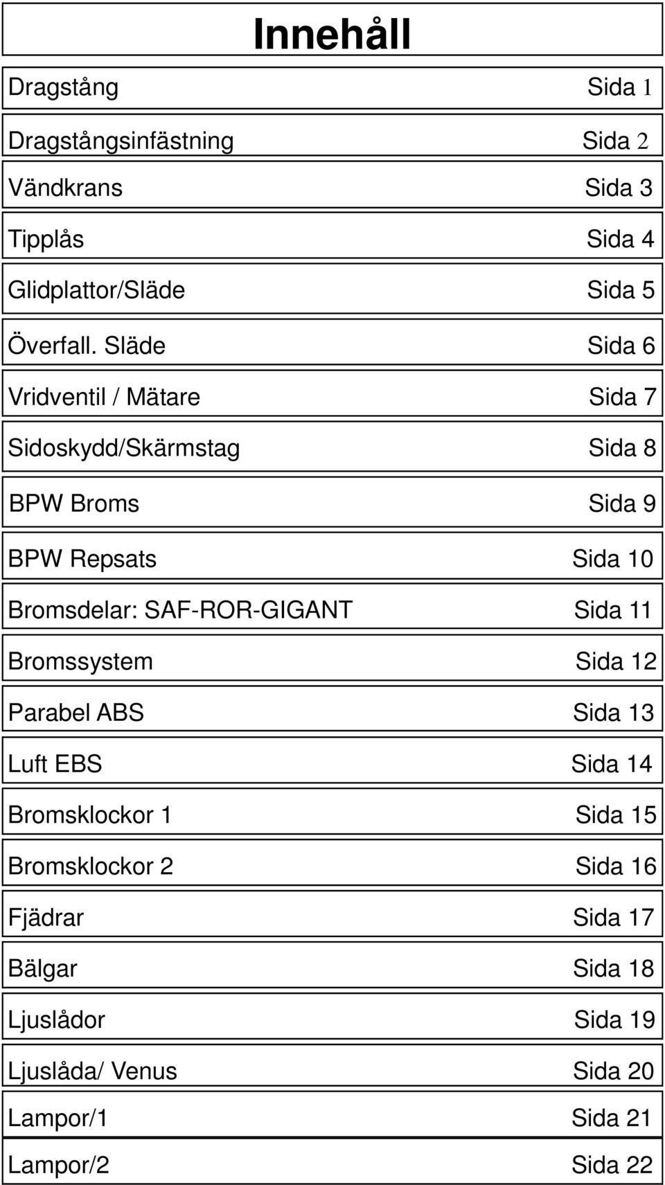 Släde Sida 6 Vridventil / Mätare Sida 7 Sidoskydd/Skärmstag Sida 8 BPW Broms Sida 9 BPW Repsats Sida 10 Bromsdelar: