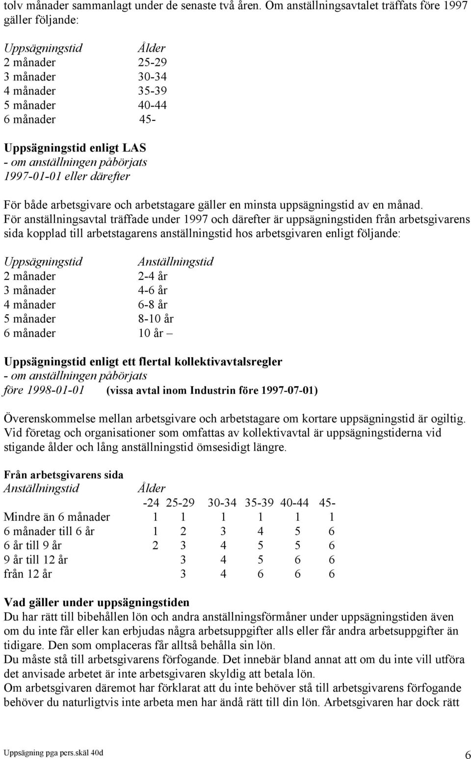 anställningen påbörjats 1997-01-01 eller därefter För både arbetsgivare och arbetstagare gäller en minsta uppsägningstid av en månad.