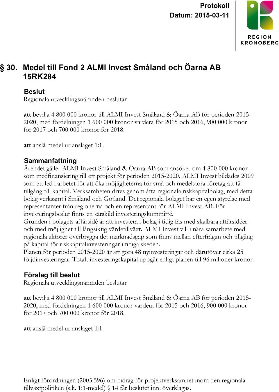 Ärendet gäller ALMI Invest Småland & Öarna AB som ansöker om 4 800 000 kronor som medfinansiering till ett projekt för perioden 2015-2020.