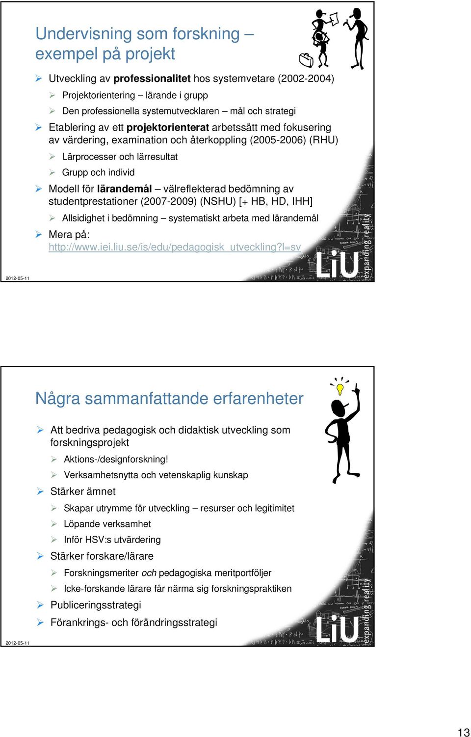 välreflekterad bedömning av studentprestationer (2007-2009) (NSHU) [+ HB, HD, IHH] Allsidighet i bedömning systematiskt arbeta med lärandemål Mera på: http://www.iei.liu.