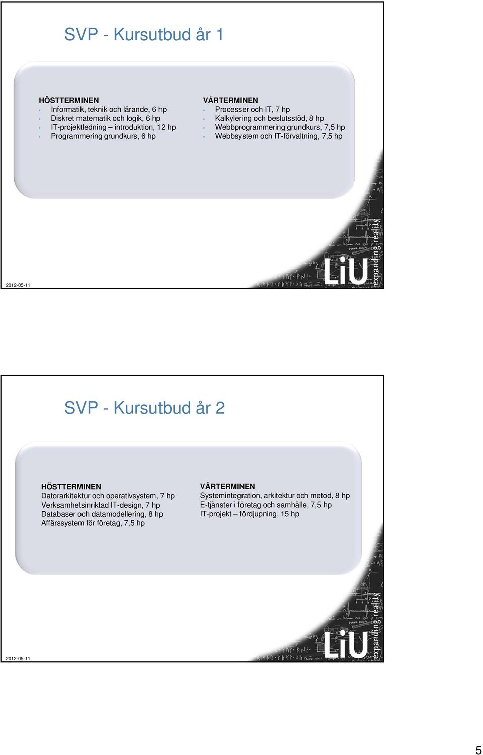 hp SVP - Kursutbud år 2 HÖSTTERMINEN Datorarkitektur och operativsystem, 7 hp Verksamhetsinriktad IT-design, 7 hp Databaser och datamodellering, 8 hp