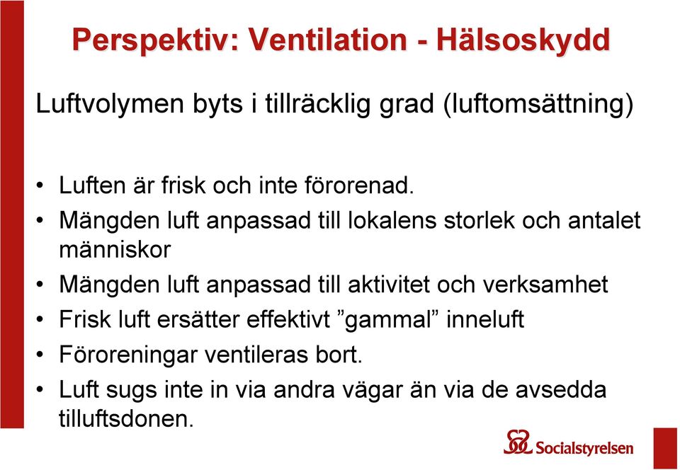 Mängden luft anpassad till lokalens storlek och antalet människor Mängden luft anpassad till