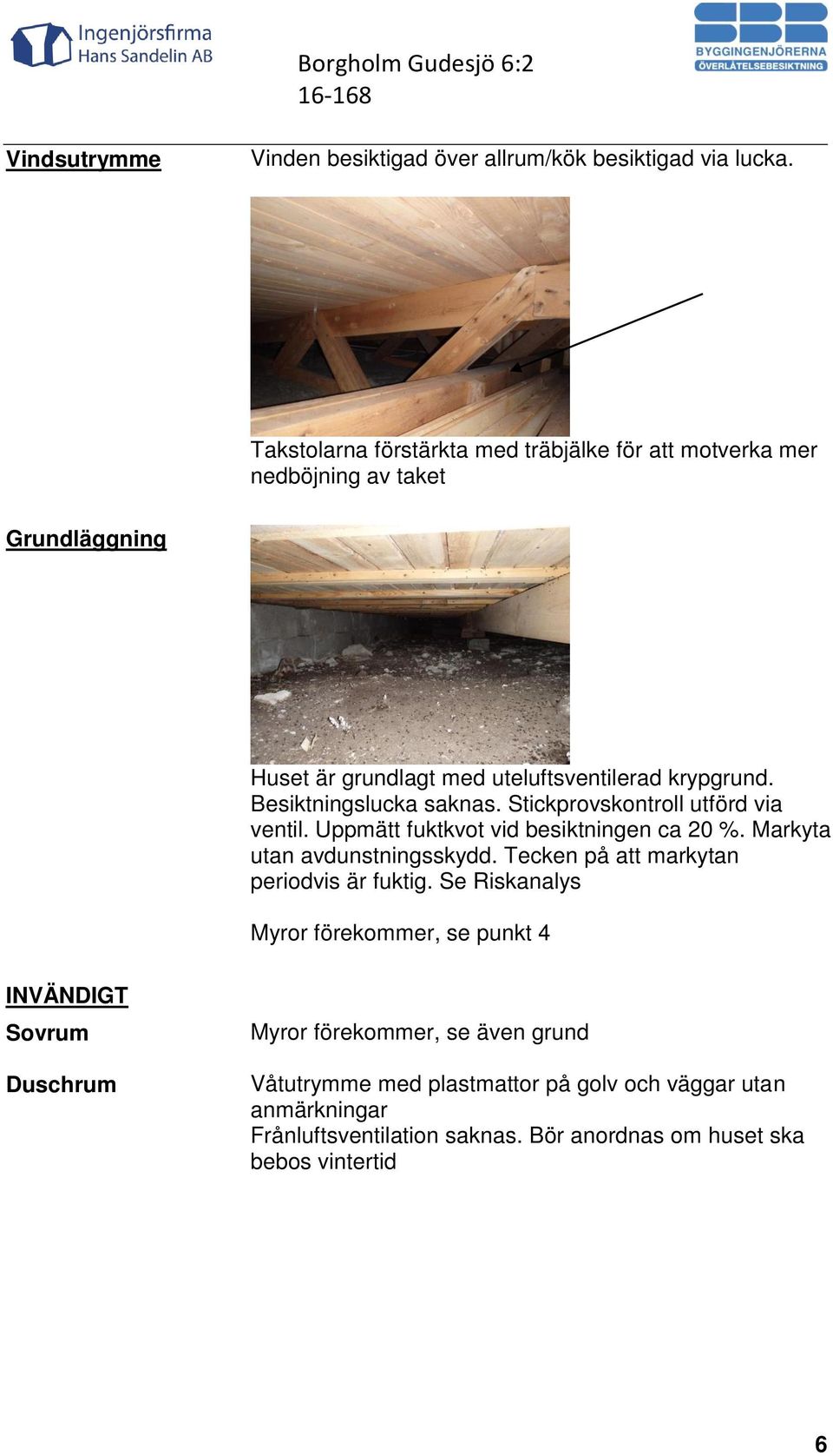 Besiktningslucka saknas. Stickprovskontroll utförd via ventil. Uppmätt fuktkvot vid besiktningen ca 20 %. Markyta utan avdunstningsskydd.