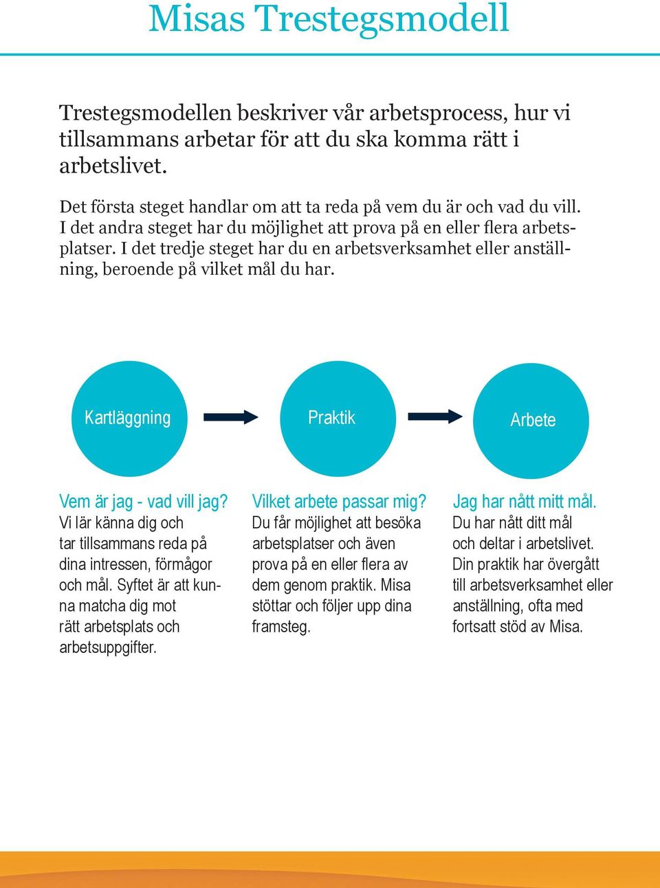 I det tredje steget har du en arbetsverksamhet eller anställning, beroende på vilket mål du har. Kartläggning Praktik Arbete Vem är jag - vad vill jag?