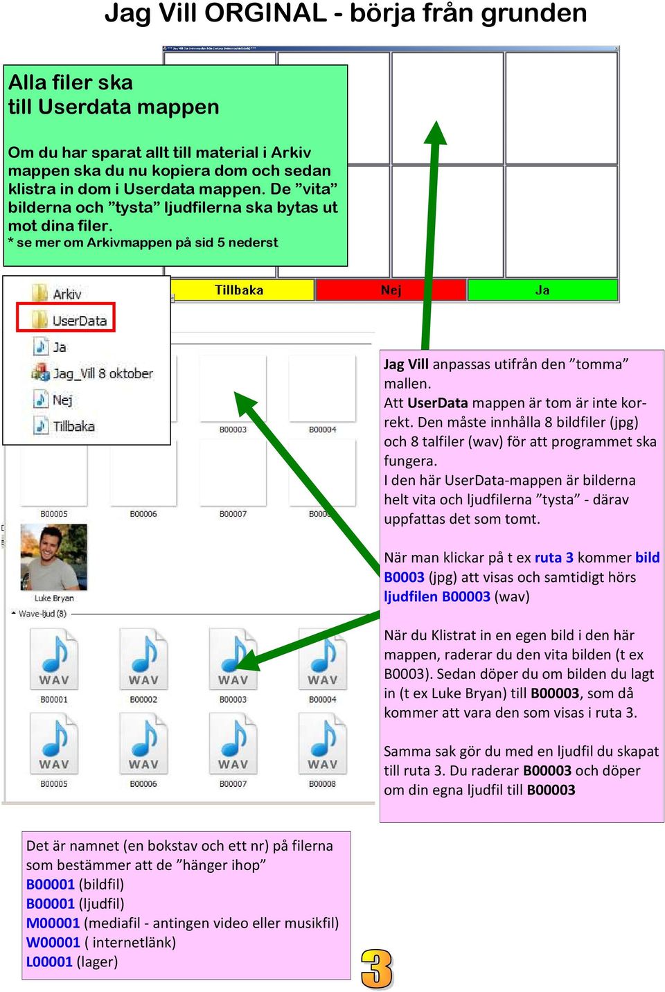 Den måste innhålla 8 bildfiler (jpg) och 8 talfiler (wav) för att programmet ska fungera. I den här UserData-mappen är bilderna helt vita och ljudfilerna tysta - därav uppfattas det som tomt.
