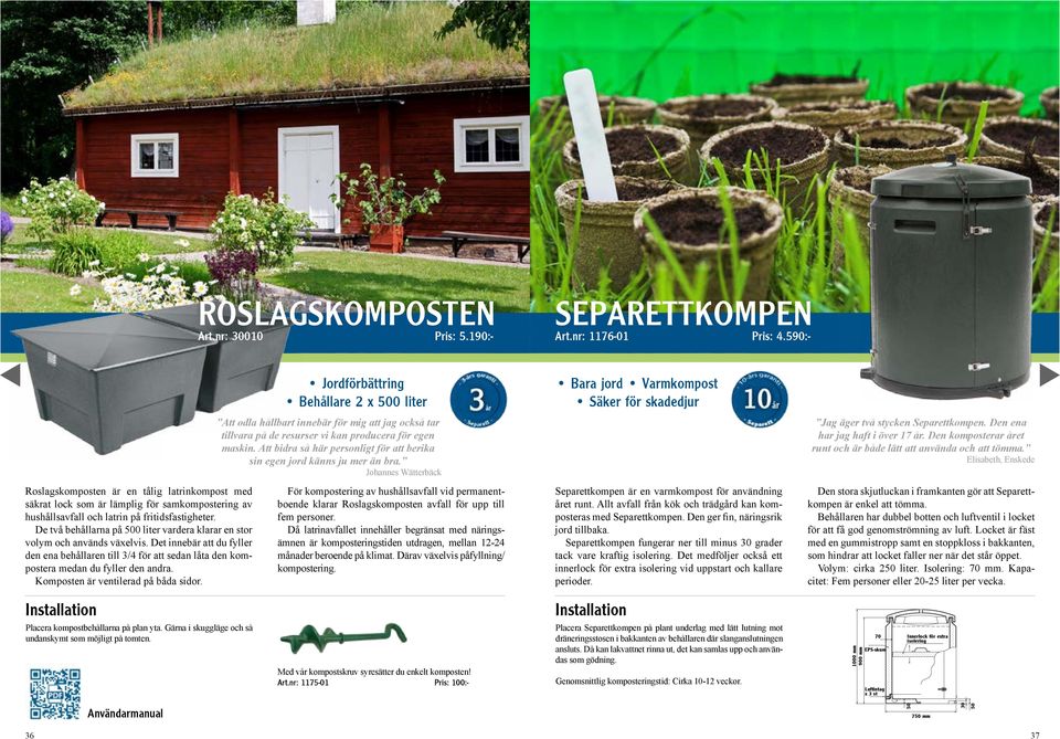 Att bidra så här personligt för att berika sin egen jord känns ju mer än bra. Johannes Wätterbäck Bara jord Varmkompost Säker för skadedjur Jag äger två stycken Separettkompen.
